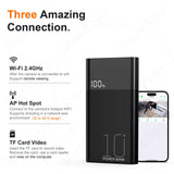 Power bank with 100% charge indicator, Wi-Fi connections, and TF card video features for hidden camera use.