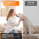 Comparison of 1080P Full HD and 720P HD image quality with a woman petting a dog.