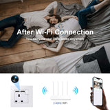 Couple relaxing at home with WiFi-enabled hidden camera wall socket and smartphone, showcasing remote video access.