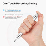 Close-up of a hand holding a silver digital voice recorder pen, illustrating one-touch recording instructions.