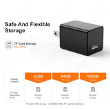 USB charger with pinhole camera features safe storage options for up to 128GB TF cards, showcasing recording times.