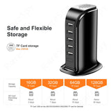 5-port USB charging tower with safe TF card storage details and recording times for different capacities