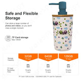 Push-pump bottle spy camera showing storage options for 32GB, 64GB, and 128GB TF cards for video recordings.