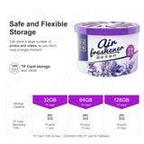 Air freshener can with storage info, highlighting flexible TF card options and capacity details for photos and videos.