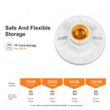 E27 WiFi bulb base with TF card storage details, capacities up to 256GB, showing recording time options.