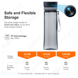 Infographic detailing storage options for 1080P WiFi camera water bottle, highlighting 32GB, 64GB, and 128GB TF card capacities.
