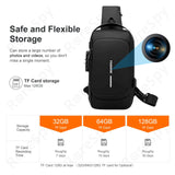 Infographic illustrating storage options for a 1080P WiFi backpack camera, showing TF card capacities and recording times.