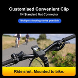 Customized clip-on mount for versatile shooting styles on bike handlebars, showcasing a body camera setup.