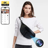 Lifestyle photo of a woman wearing a crossbody bag with a hidden 4K camera, showing app interface for remote monitoring.