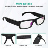 4K spy recording glasses with hidden camera, charging port, and SD card slot for discreet video recording.