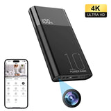 Power bank WiFi hidden camera with 4K Ultra HD, 10000mAh battery, and mobile app control.