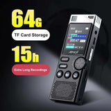 Professional digital voice recorder displaying 64GB TF card storage and 15 hours of recording time.