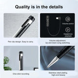 Infographic showcasing features of a smart pen voice recorder: pen clip design, volume control, one-click recording, stainless steel plating.