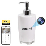 Hand sanitizer disguised spy camera with 4K recording, pinhole lens, and smartphone app for discreet monitoring.