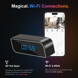Smart WiFi clock displaying time, showcasing remote viewing and AP Hotspot features for surveillance.