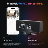 WiFi electronic clock hidden camera displaying time, with mobile app for remote surveillance monitoring.