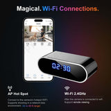 1080P WiFi alarm clock spy camera showing app interface and time display, highlighting Wi-Fi connectivity features.