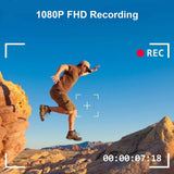 Person jumping off a rock ledge captured in 1080P FHD recording during outdoor adventure.