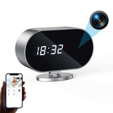 WiFi hidden camera clock with remote viewing, motion detection, and sleek design showing time display.