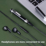 Smart pen voice recorder next to headphones on a laptop, showcasing audio recording convenience.