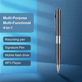 A sleek black multi-functional pen on a blue background, showcasing its 4-in-1 features: recording, signing, mobile storage, and MP3 playback.