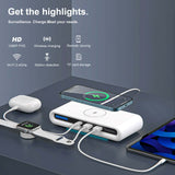 Discreet 3-in-1 charging hub with 1080P WiFi spy camera, USB ports, and wireless charging features.