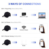 Diagram showing 3 connection methods for WiFi Hidden Camera Baseball Cap: Plug & Play, AP Mode, and Remote Viewing.
