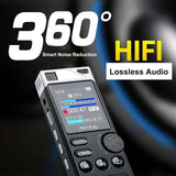 Professional digital voice recorder showcasing 360° smart noise reduction and HiFi lossless audio features.