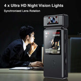 Ultra HD Body Camera with night vision, synchronized lens rotation, and display showing video recording.