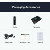 Packaging accessories for the Smart Voice Recorder, including host, data cable, warranty card, and user manual.