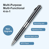 Multi-purpose 4-in-1 pen featuring recording, signature, mobile flash drive, and MP3 player functionalities.
