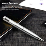 Silver digital voice recorder pen on a notebook, featuring one-click recording and compatibility with mobile devices.
