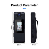 4K Mini Body Camera dimensions showing product parameters and features, including side view and screen display.