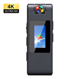 4K Mini Body Camera with rotatable lens and display for capturing Ultra HD video and audio.