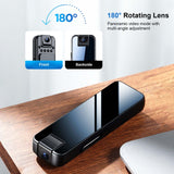 FHD Clip-On Mini Camera showcasing 180° rotating lens on a desk, emphasizing multi-angle video capabilities.