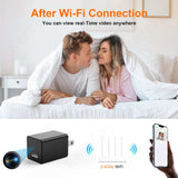 USB charger spy camera with live video monitoring over Wi-Fi shown with couple on bed.