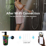 Woman using hidden WiFi camera disguised as a bottle; features WiFi connection for real-time video access.