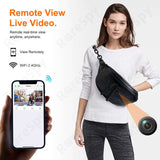 Lifestyle image of a woman with a black backpack containing a hidden WiFi camera, showcasing remote live video features.