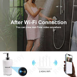 WiFi-connected hand sanitizer spy camera shown in a bathroom, emphasizing live video streaming capabilities.