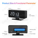 Dimensions and features of WiFi electronic clock hidden camera with digital display and connectivity options.