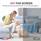 Woman interacting with a dog in a cozy living room setting, showcasing a 4MP FHD screen for high-definition video.