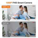 Comparison of 1080P FHD and 720P HD video quality from a smart camera featuring a couple.