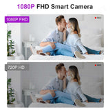 Comparison of 1080P FHD and 720P HD video quality in a smart camera, showcasing a couple on a couch.
