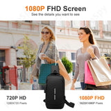 Image comparing 720P and 1080P FHD quality with a sleek backpack camera. Showcases lifestyle photography and clarity.