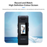4K mini body camera with HD color screen, showing person recording video by the water, features recording and playback.