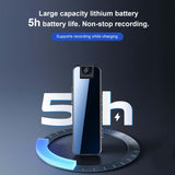 FHD mini camera showcasing 5H battery life and non-stop recording feature with battery charging icon.
