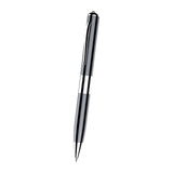 Writable voice recorder pen in sleek black design, featuring a silver band, symbolizing dual writing and recording functionality.