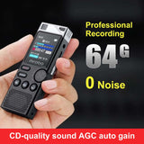 Professional digital voice recorder with 64GB storage, CD-quality sound, and AGC auto gain feature, held in hand.