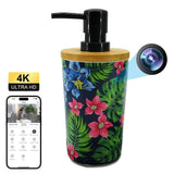 Bottle-style hidden WiFi camera with 4K HD lens and tropical floral design for discreet monitoring.