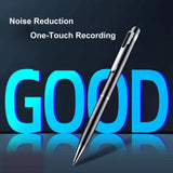 Smart pen voice recorder showcasing noise reduction and one-touch recording features against a vibrant backdrop.